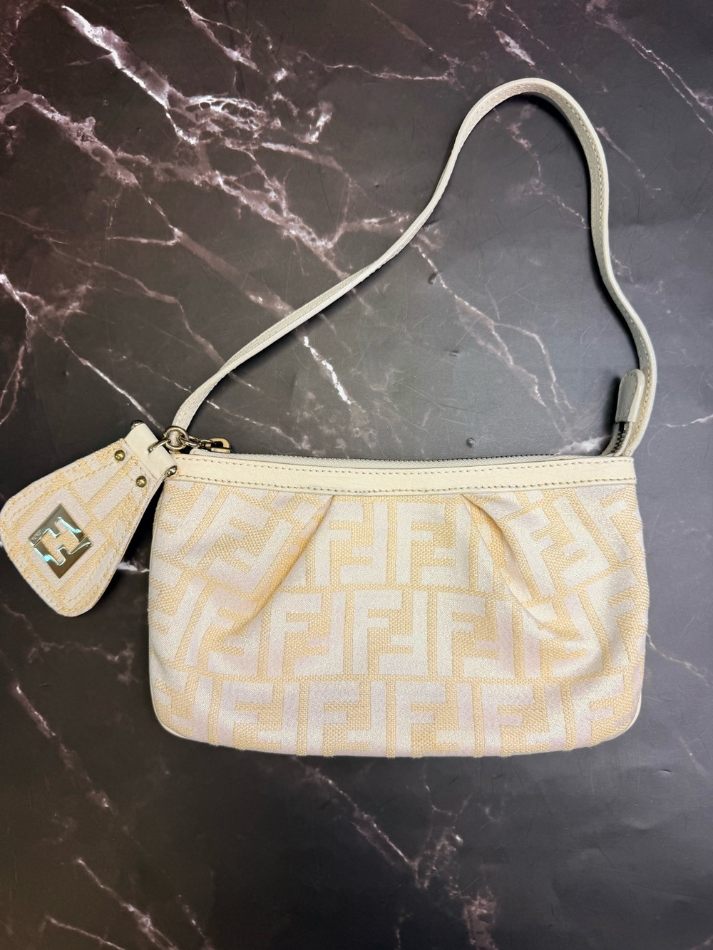 Fendi Ivory Beige FF Logo Shoulder Bag with Logo Charm